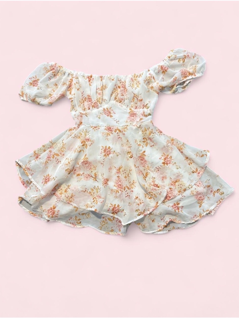 Justify White Floral Off-Shoulder Romper with Pink & Gold Print